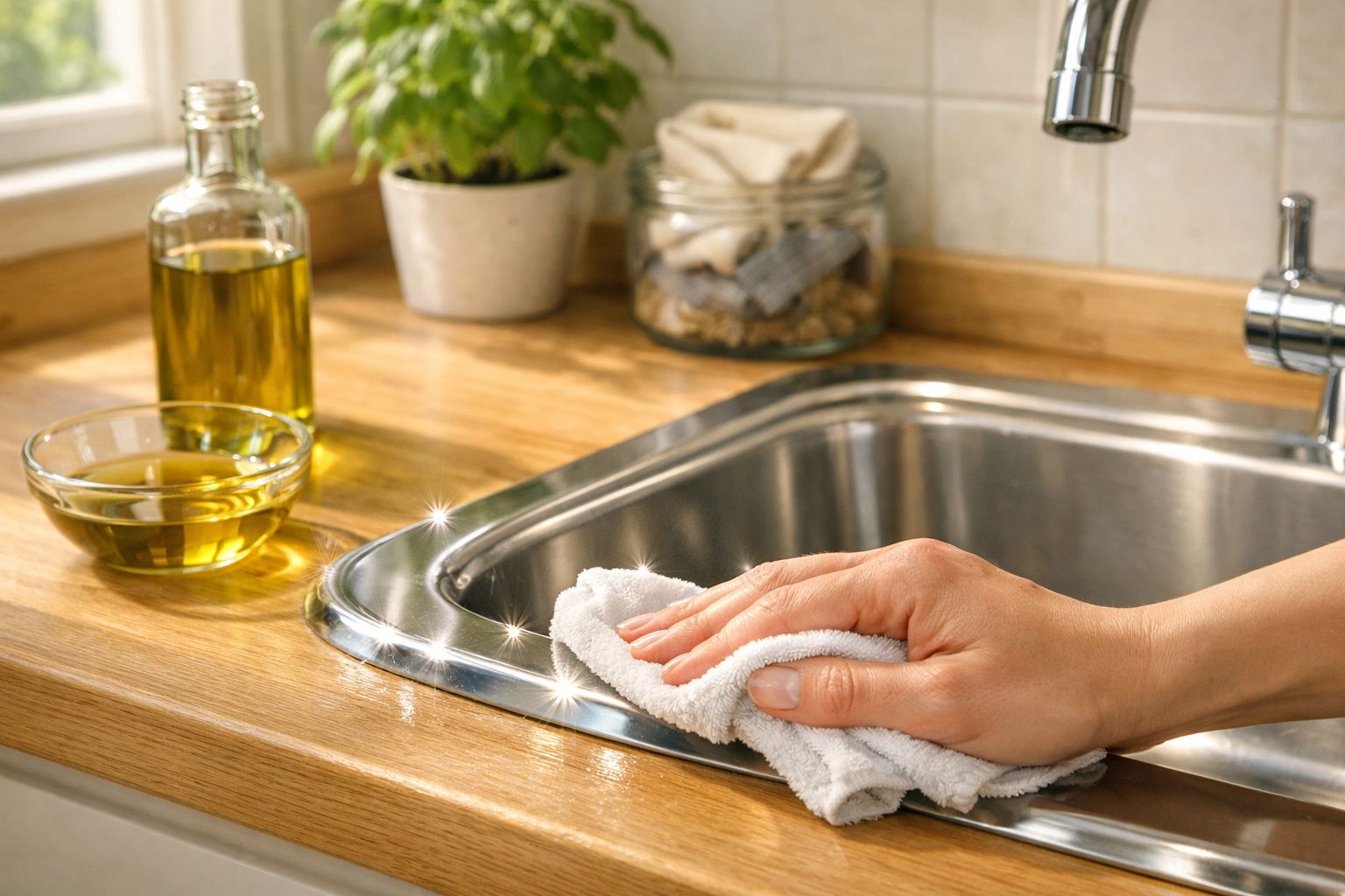 Mão a limpar uma banca de cozinha em madeira junto a uma pia de inox com um pano branco.