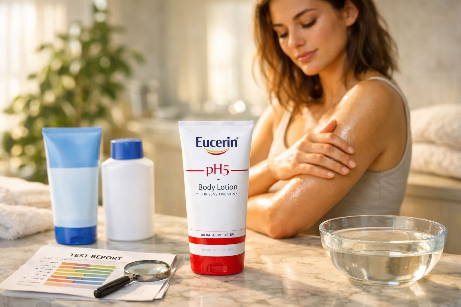 Mulher a aplicar creme hidratante Eucerin pH5 no braço junto a produtos de cuidados de pele.