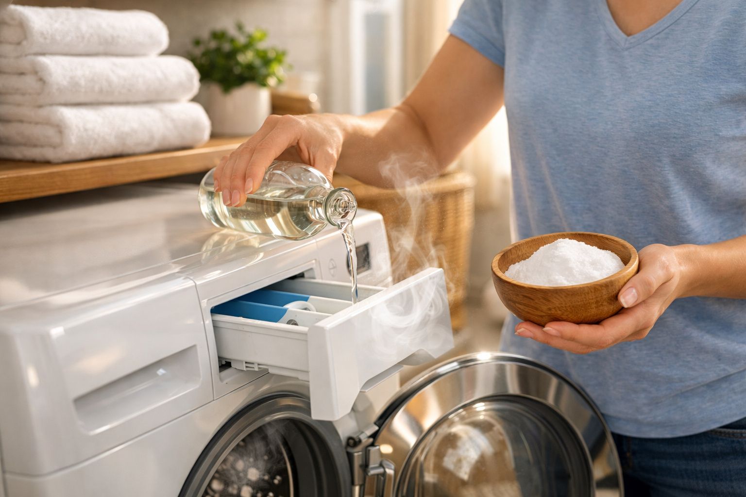 Pessoa a verter vinagre num detergente de máquina de lavar roupa com tigela de bicarbonato de sódio a acompanhar.