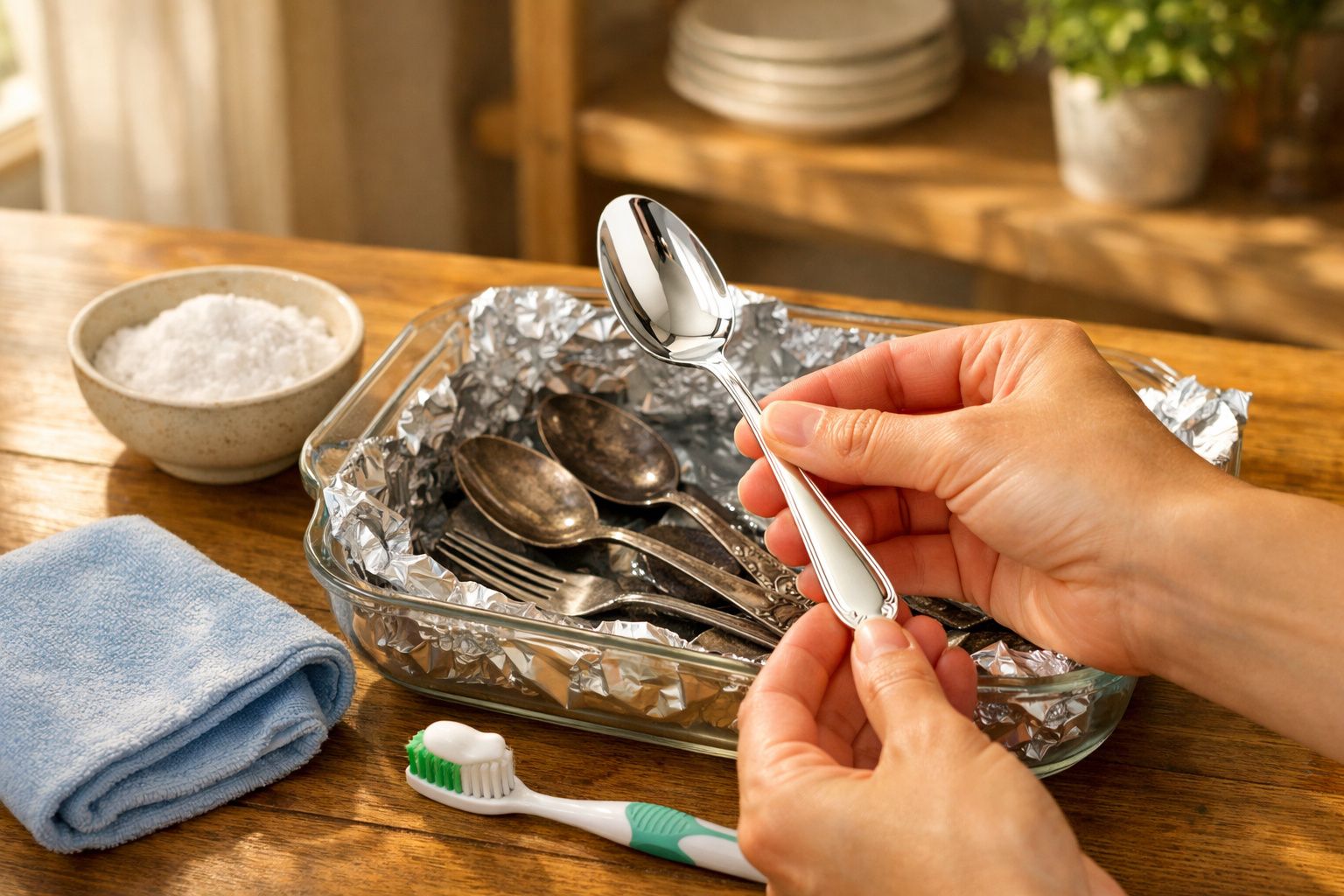 Mãos a limpar uma colher prateada nova com toalha azul, frente a talheres antigos numa tigela com papel alumínio.