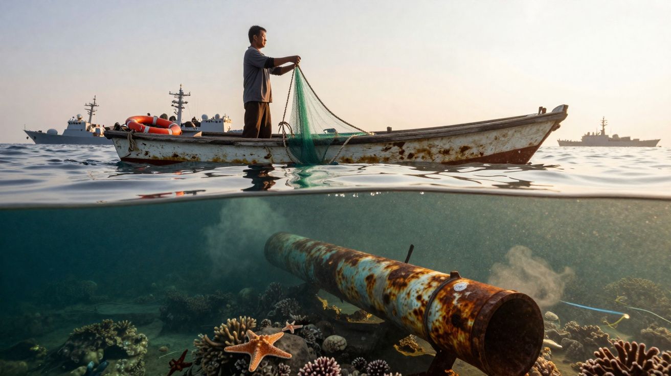 Homem em barco de pesca lança rede no mar com canhão submerso e navios militares ao fundo.