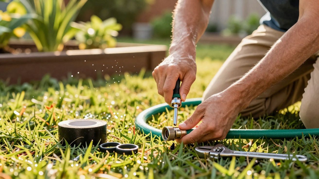 Pessoa a apertar uma mangueira de jardim com ferramentas sobre relva verde num dia com luz solar.