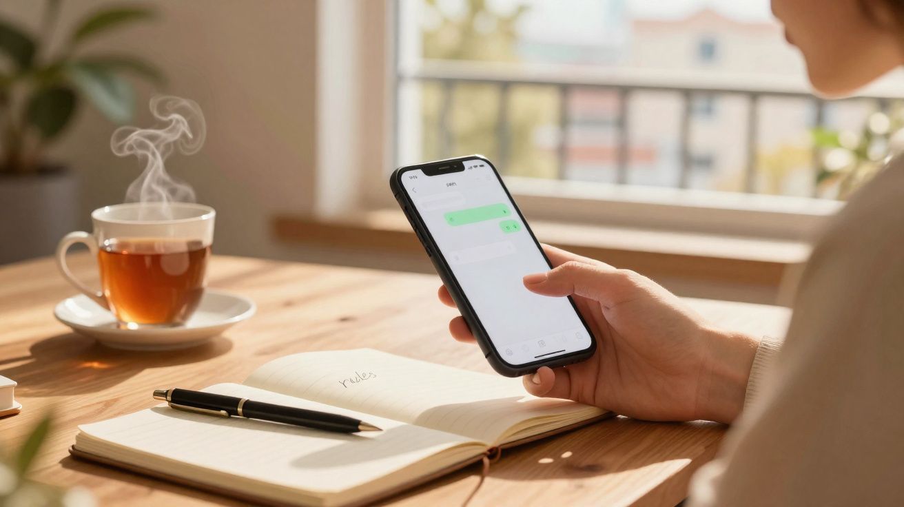 Pessoa a segurar telemóvel com mensagens, junto a caderno aberto e chá quente vaporizando sobre mesa de madeira.
