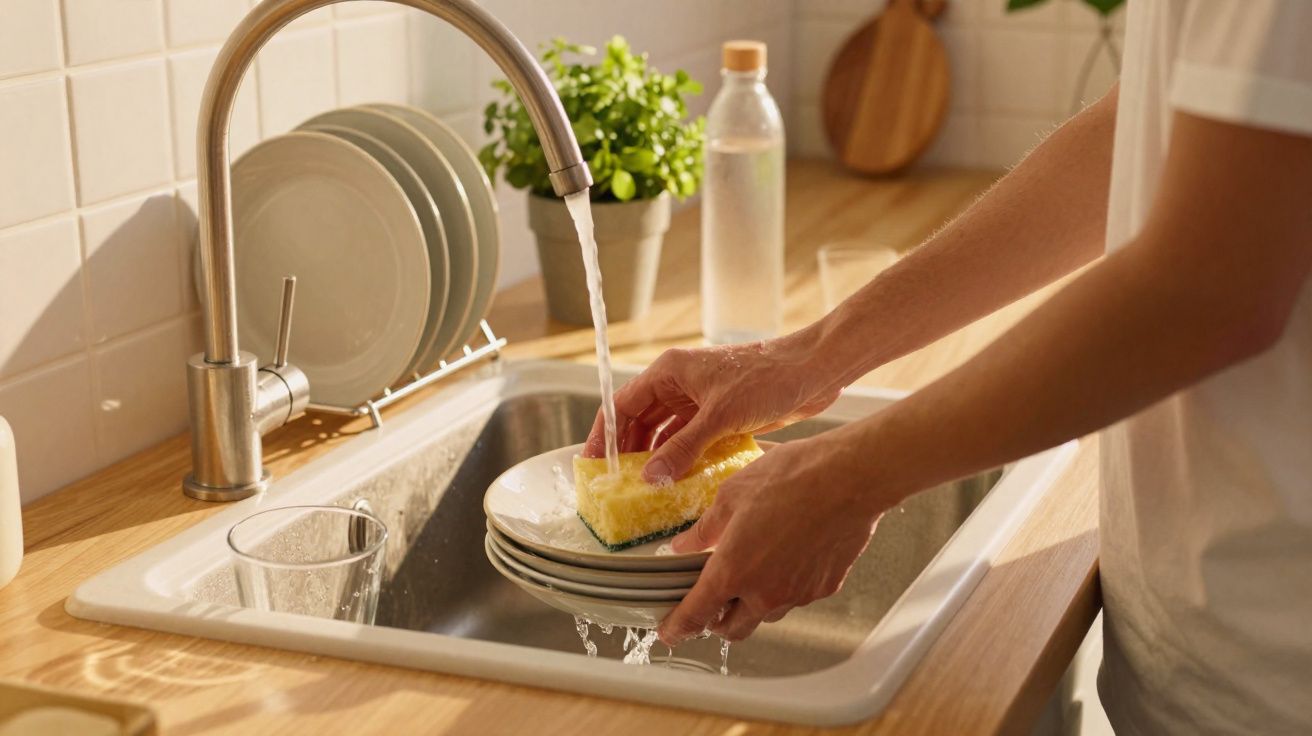 Pessoa a lavar loiça numa pia com esponja amarela e pratos empilhados, numa cozinha iluminada.