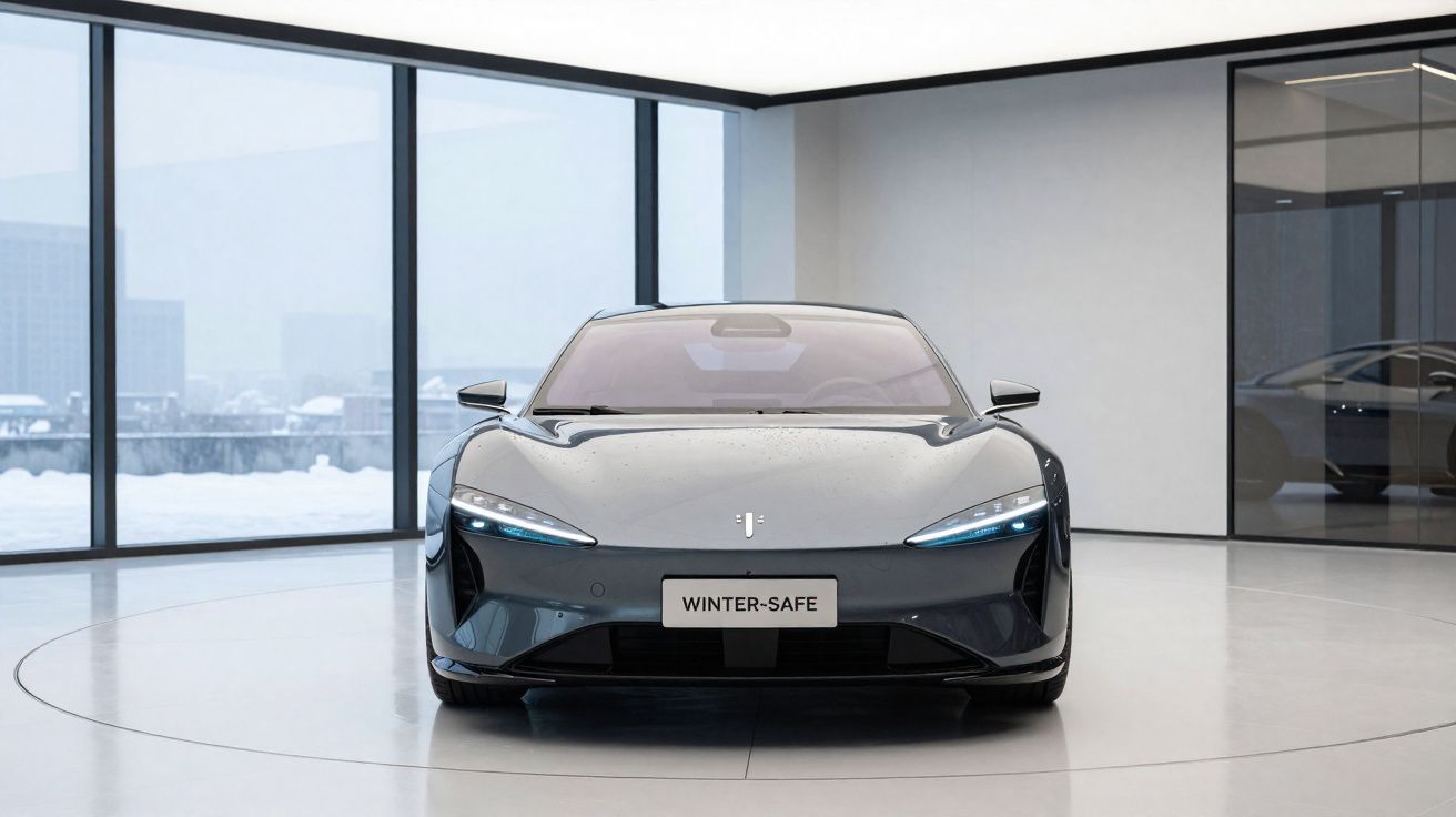 Carro elétrico desportivo preto estacionado em ambiente moderno com grandes janelas e luz natural.