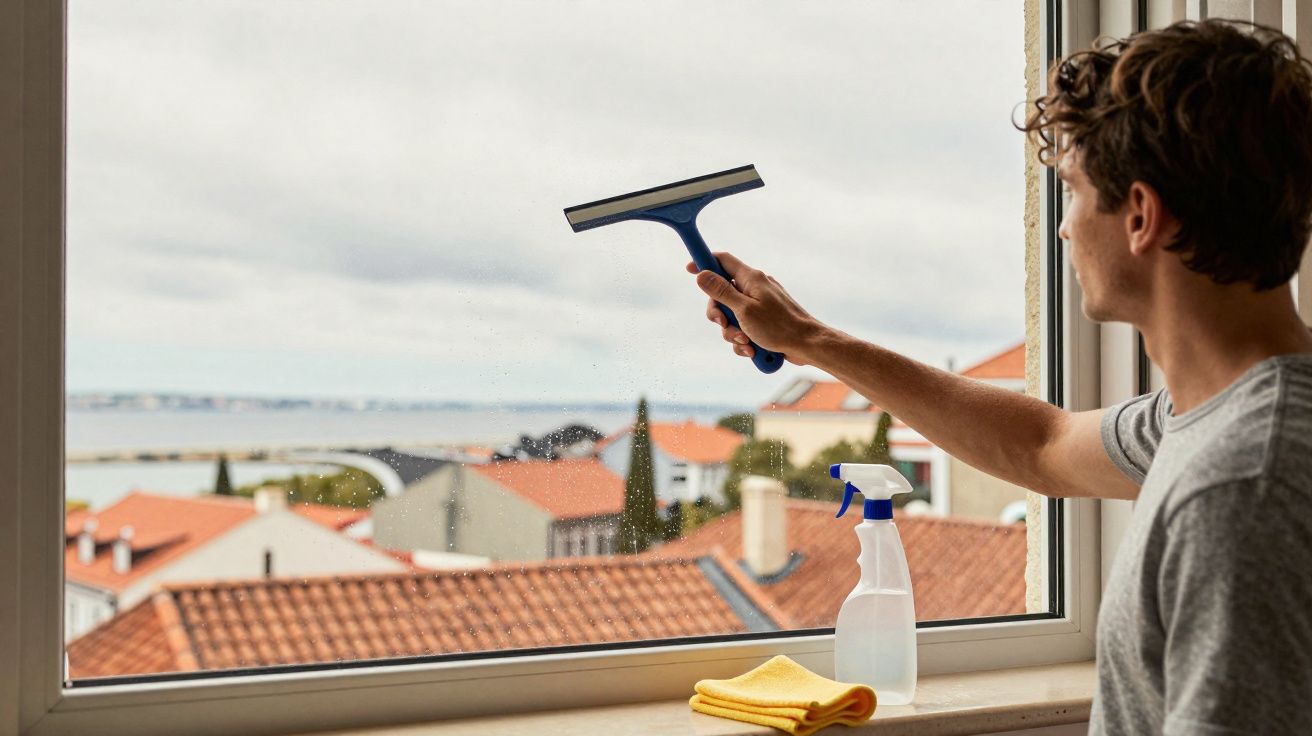 Homem a limpar uma janela grande com limpa-vidros, com vista para casas e o mar ao fundo.