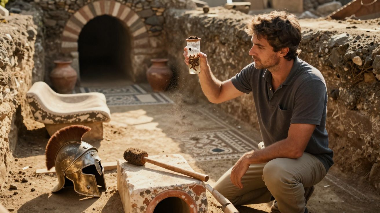 Homem arqueólogo examina jarro antigo em escavação arqueológica com capacete romano ao lado.