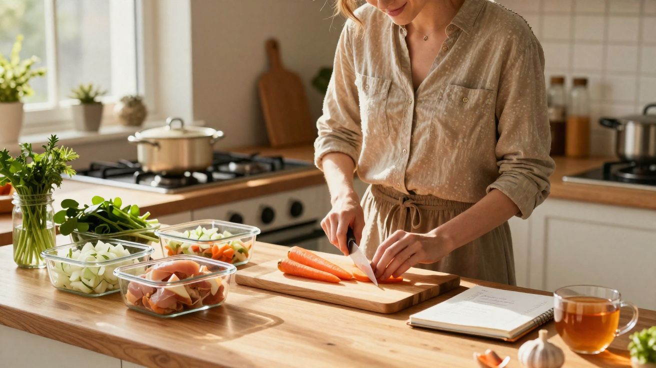 Mulher a cortar cenouras numa tábua de madeira numa cozinha luminosa e organizada.