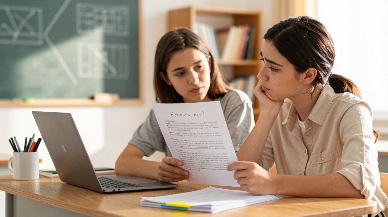 Duas jovens a discutir um texto enquanto estão sentadas numa mesa com computador portátil e cadernos.