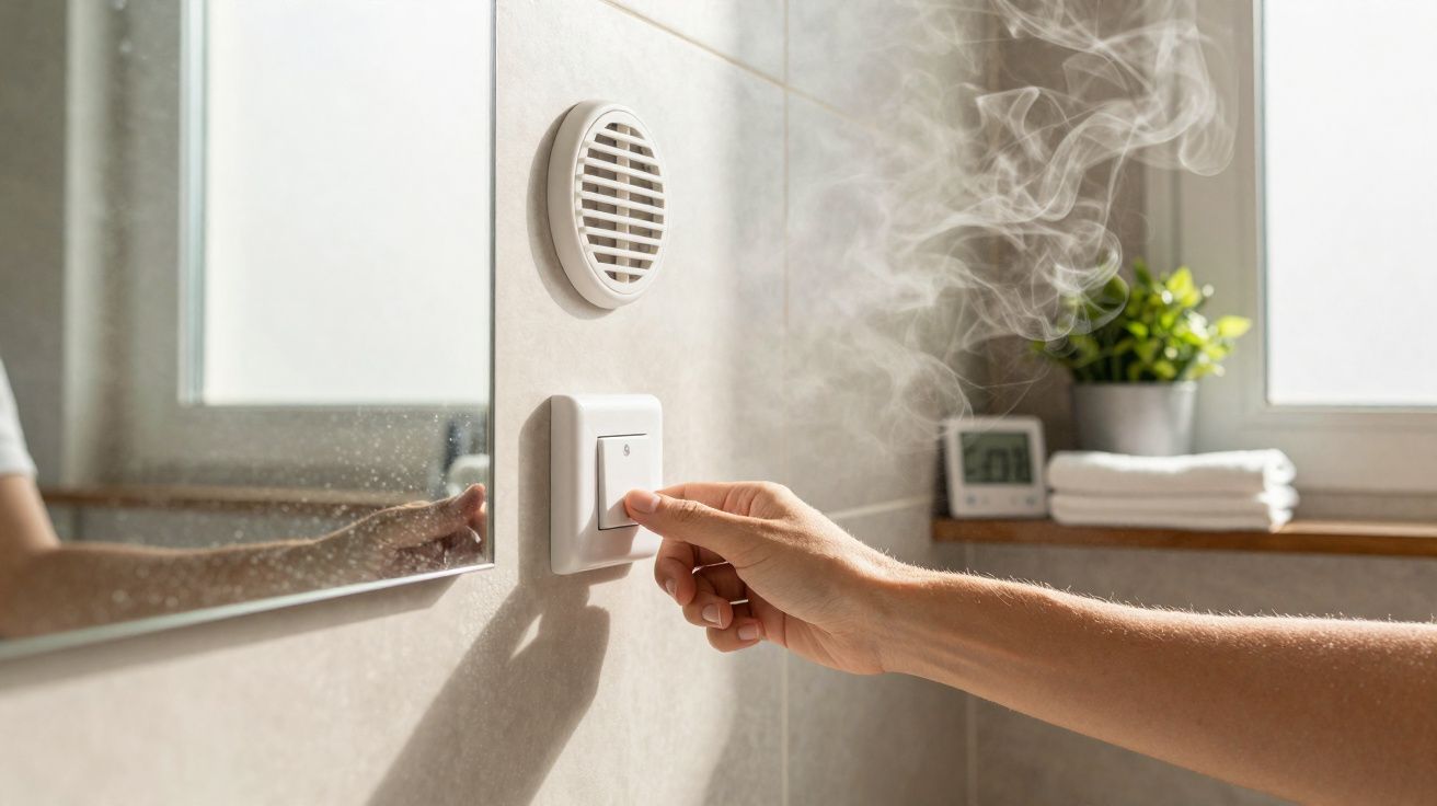 Mão a desligar ventilação na parede, com vapor visível em casa de banho iluminada.
