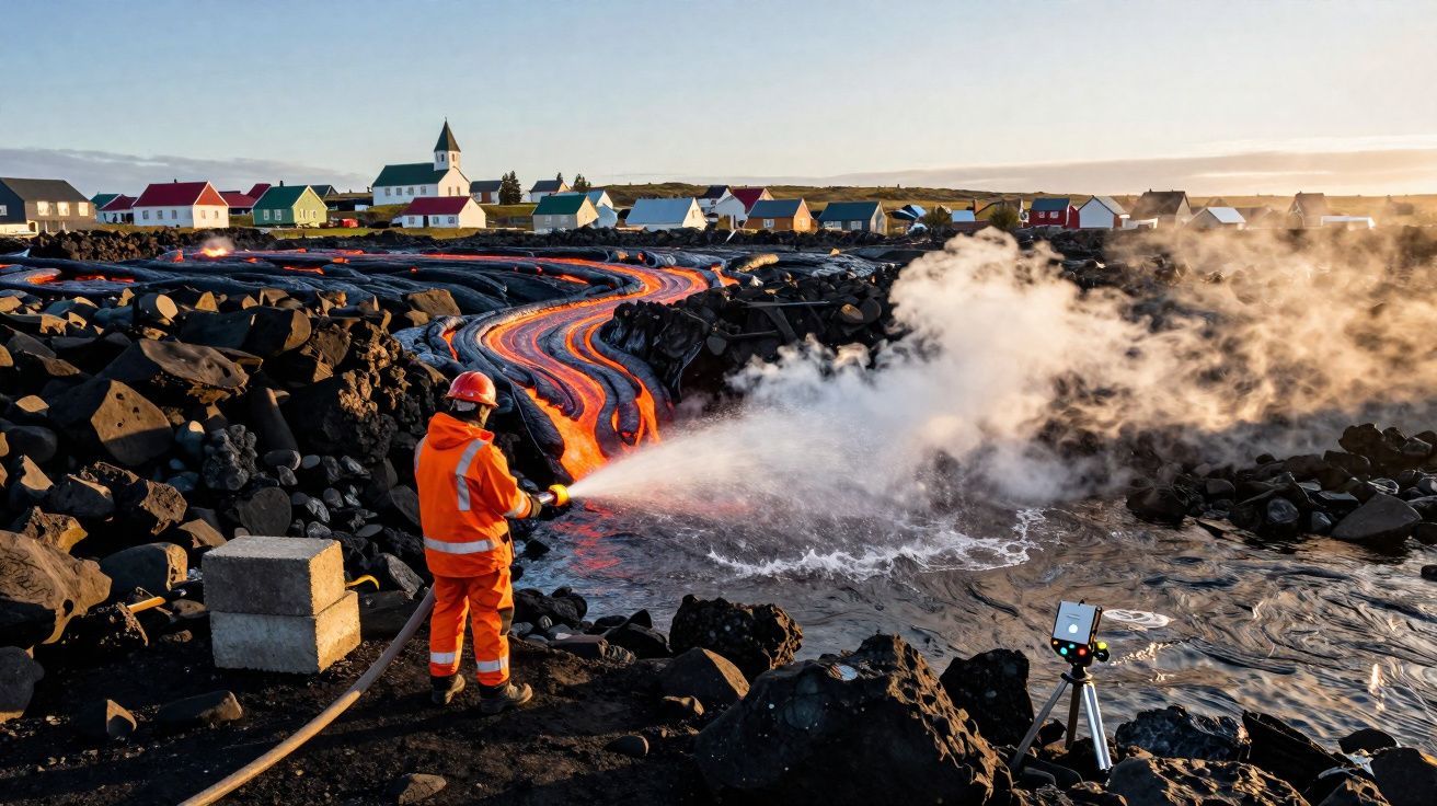 Trabalhador de proteção civil apaga lava incandescente perto de casas coloridas numa vila costeira.