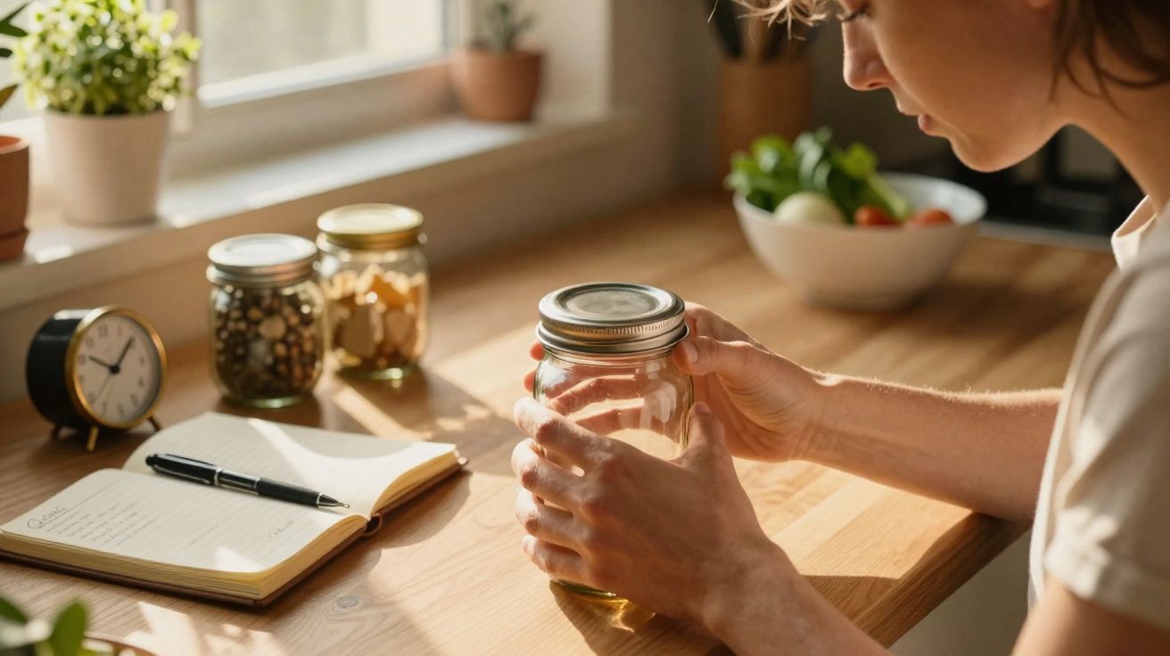 Pessoa a segurar um frasco transparente numa mesa de madeira com cadernos, frascos e relógio ao fundo.