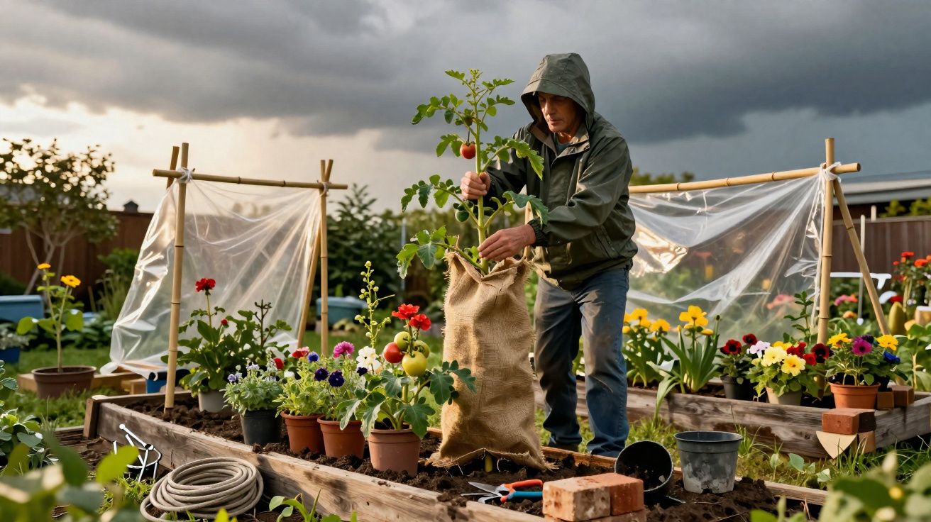 Homem a transplantar planta de tomateiro no jardim comunitário sob céu nublado ao entardecer.