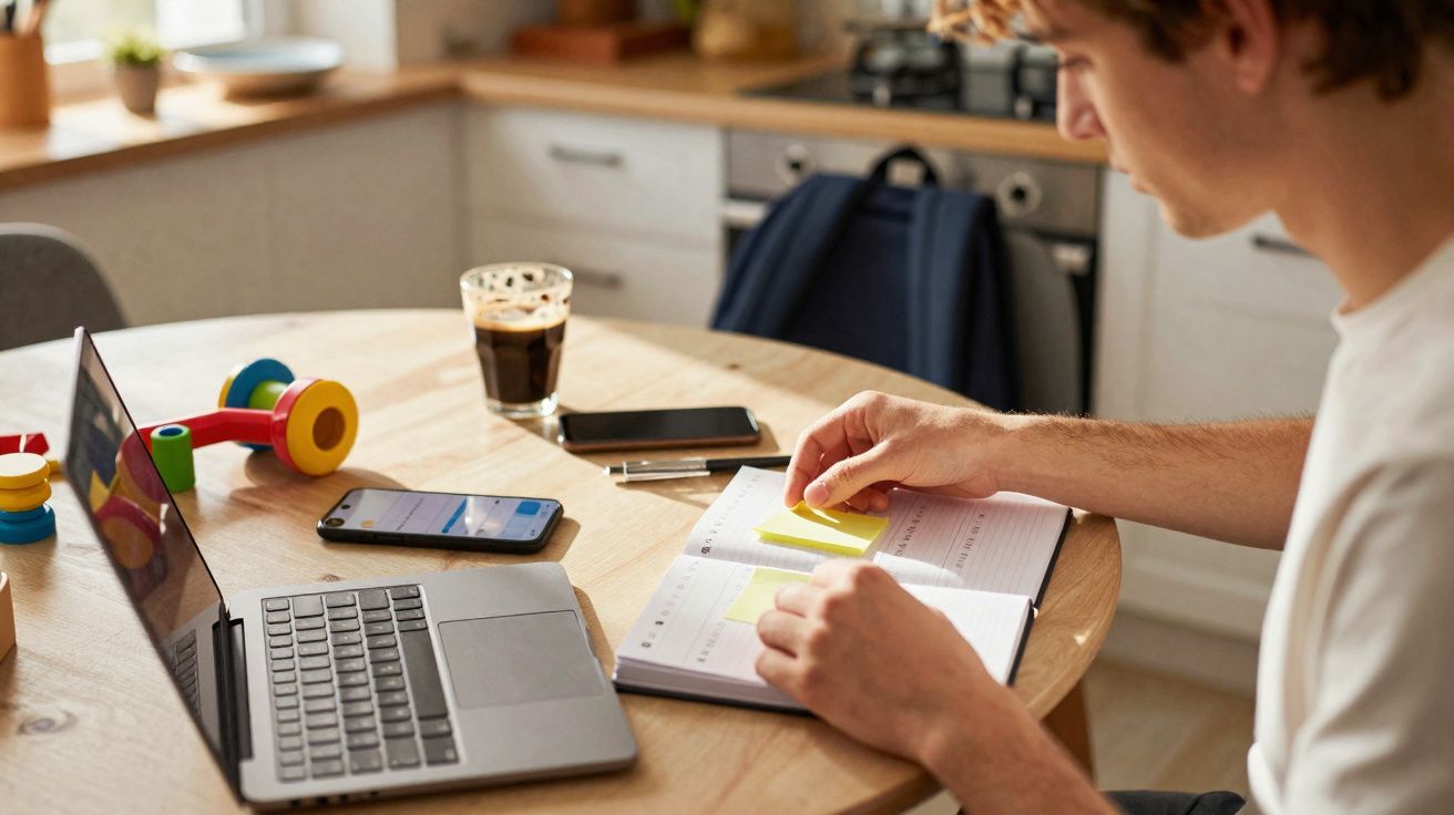 Pessoa a planear a agenda com notas adesivas numa mesa com computador, telemóvel e café.