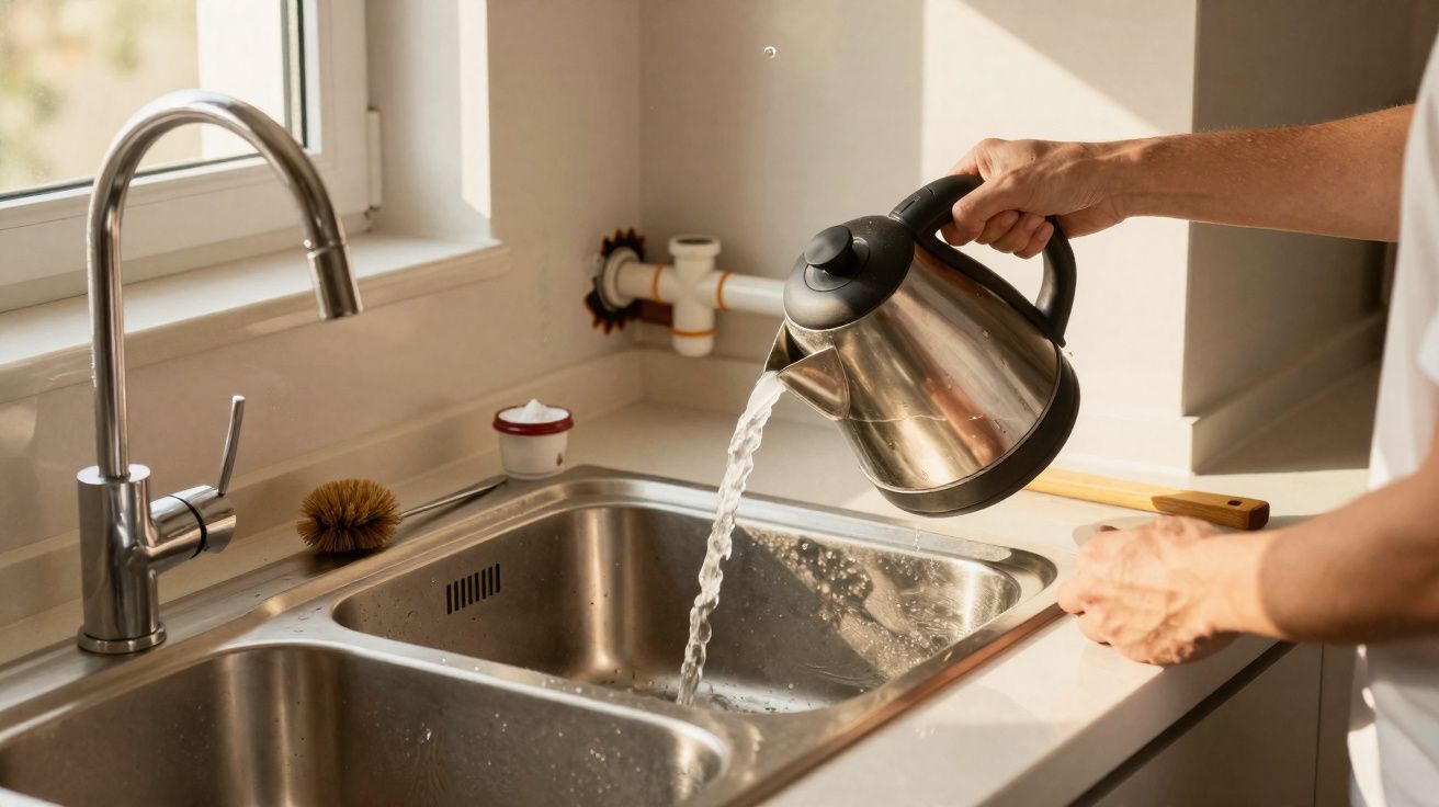 Pessoa a despejar água quente de um jarro elétrico numa pia de cozinha em inox.