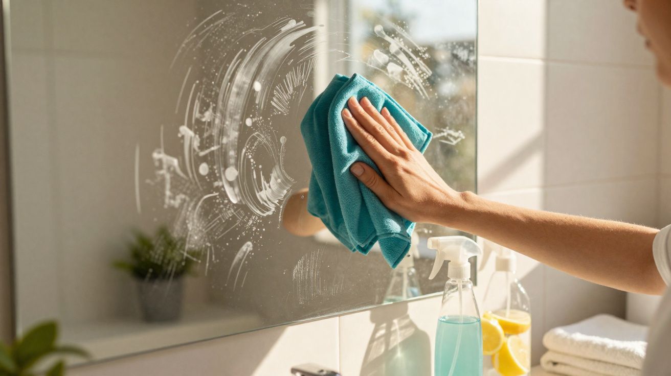 Pessoa a limpar espelho do banheiro com pano azul e spray de limpeza transparente.
