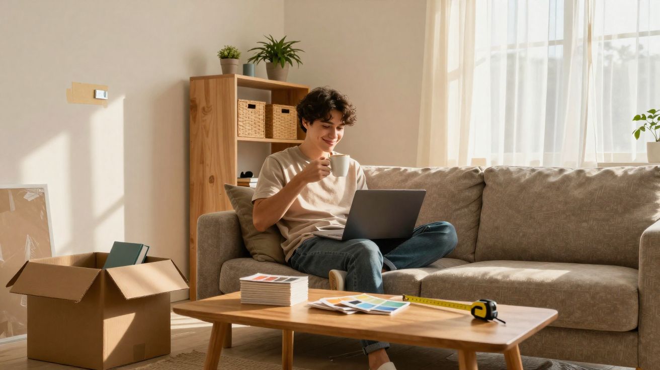 Jovem sentado no sofá com portátil e chá numa sala iluminada, com caixas e amostras de cores numa mesa de madeira.