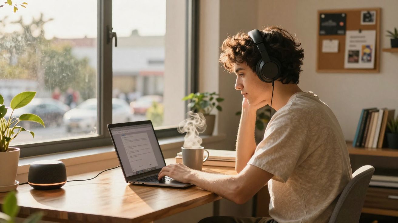 Jovem com auscultadores a trabalhar num portátil junto a uma janela, com caneca de chá quente na secretária.