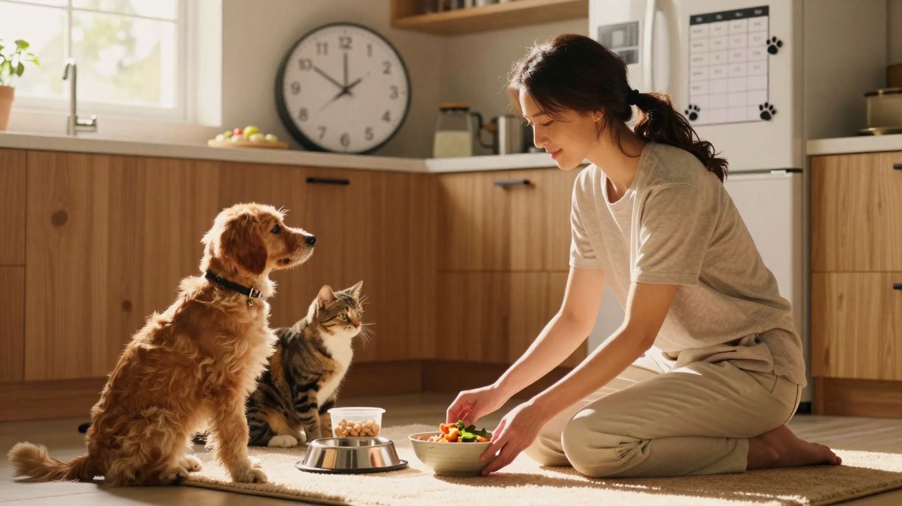 Mulher a preparar comida para cão e gato numa cozinha iluminada e acolhedora.