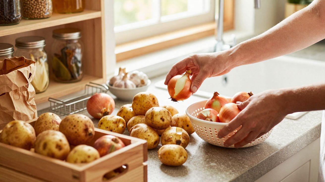 Mãos a apanhar cebolas num alguidar, com batatas espalhadas e numa caixa de madeira numa bancada de cozinha.