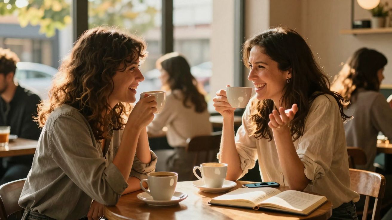 Duas mulheres sorridentes conversam e bebem café num café acolhedor durante o dia.