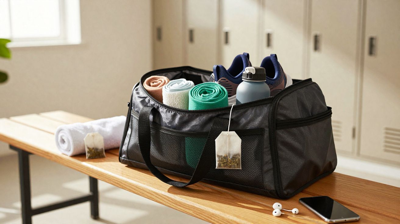 Mala de desporto com toalhas enroladas, sapatilhas e garrafa junto a touca, auriculares e smartphone num banco de balneário.