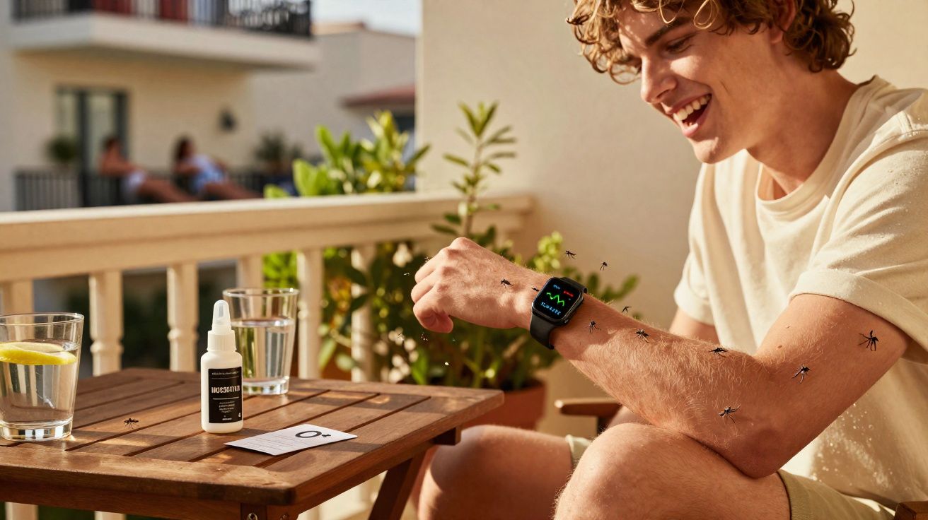 Pessoa jovem feliz sentada numa varanda com várias moscas no braço, próximo de uma mesa com líquidos e spray repelente.