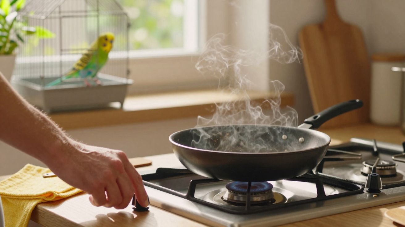 Mão ajusta fogo do fogão a gás com frigideira a vaporizar, com gaiola e periquito verde ao fundo.