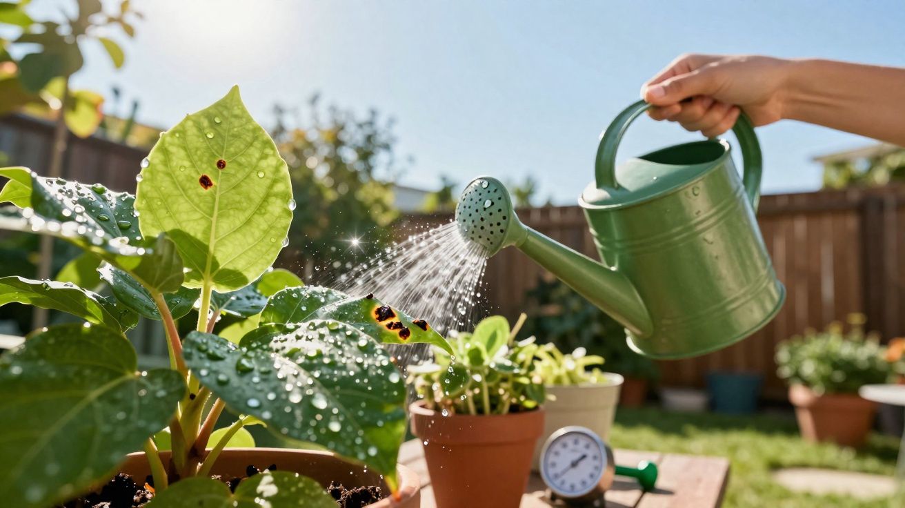 Pessoa a regar plantas com regador metálico num jardim com sol e folhas verdes.