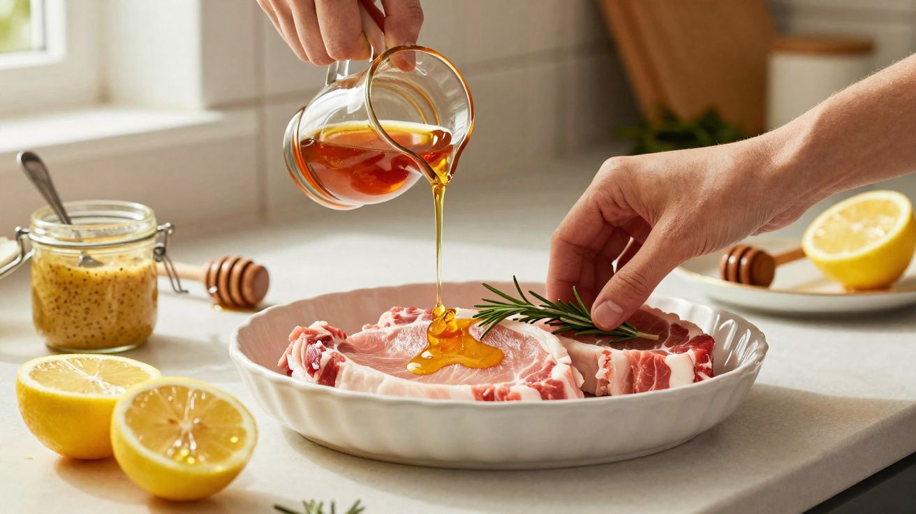 Mãos a temperar costeletas cruas com mel e alecrim numa travessa branca, rodeadas de limões e mostarda.