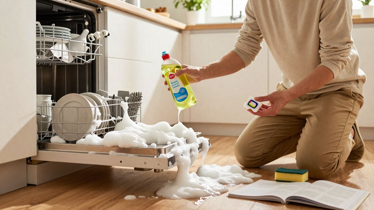 Pessoa a verter detergente líquido em excesso na máquina de lavar loiça, com espuma a transbordar para o chão da cozinha.