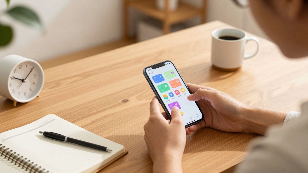 Pessoa a usar smartphone com aplicação aberta, em mesa com caderno, caneta, relógio e chávena de café.