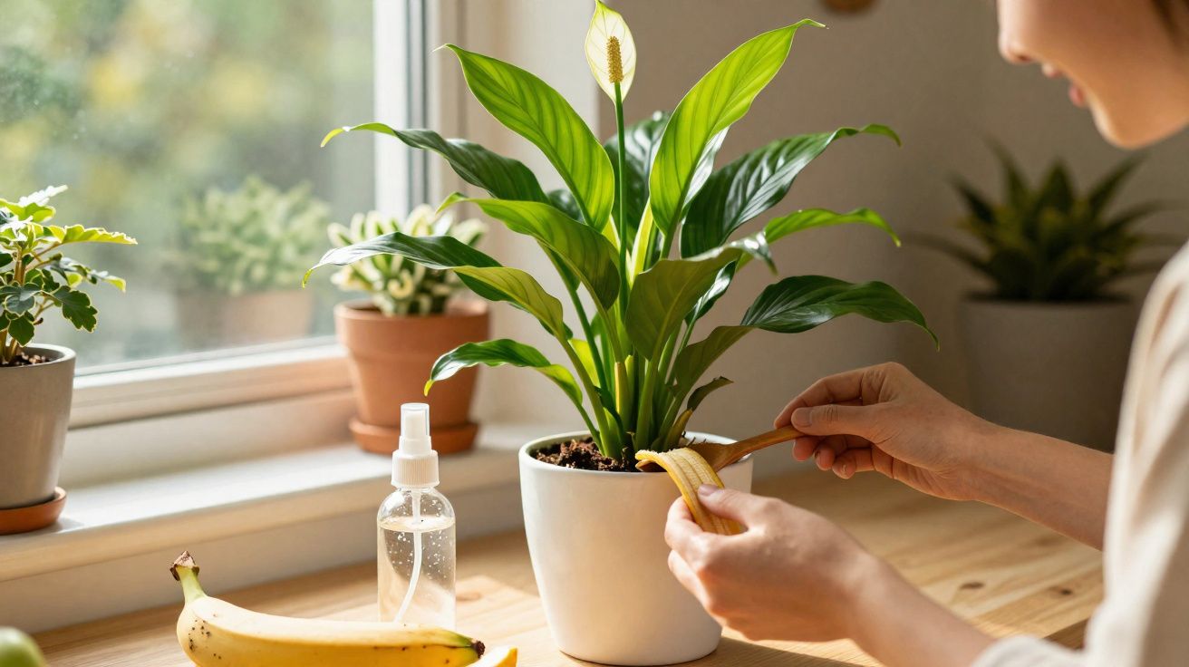Pessoa a alimentar plantas com banana numa mesa junto a uma janela com luz natural.