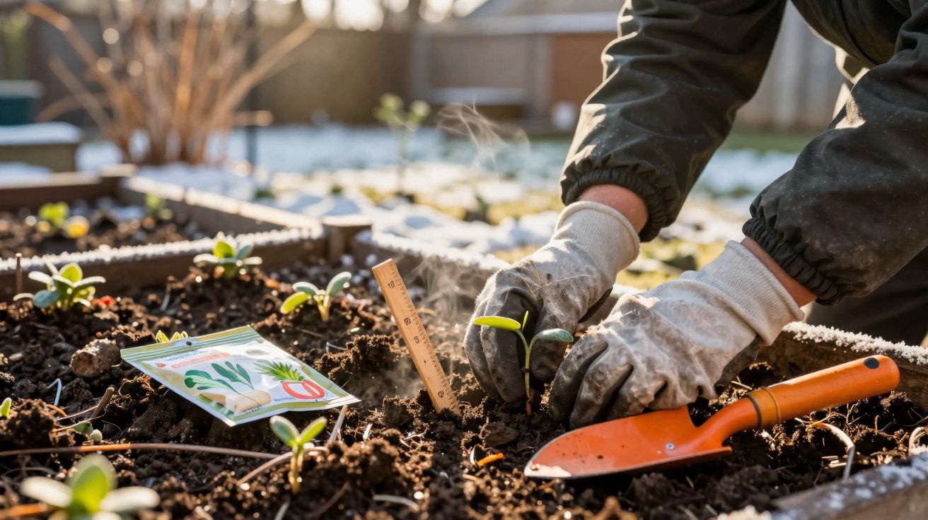 Pessoa a plantar uma muda numa horta com luvas, enxada e pacote de sementes ao lado.