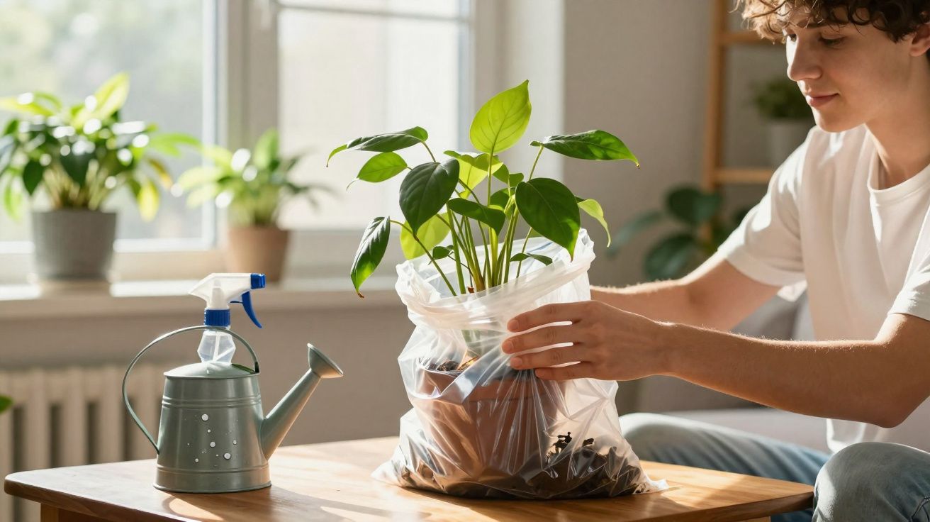 Pessoa a transplantar planta em vaso dentro de saco plástico numa mesa junto a janela iluminada.