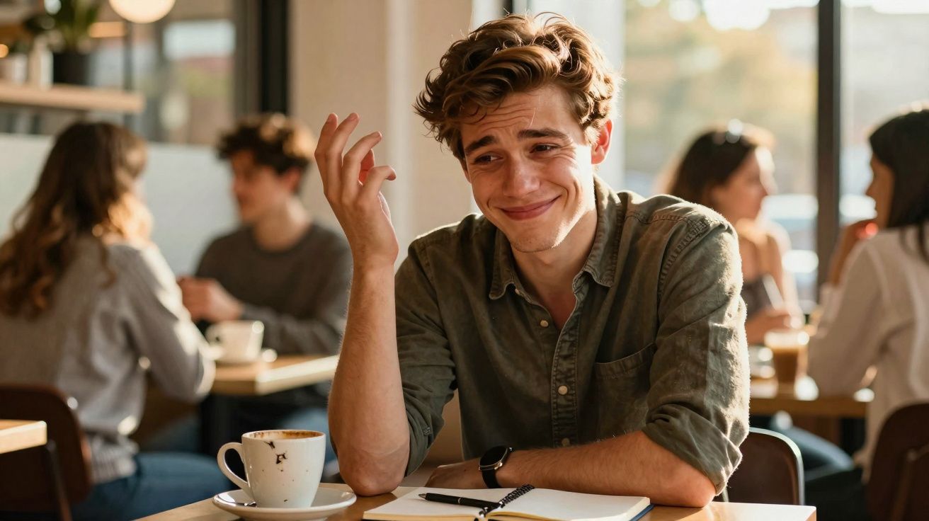 Jovem sentado numa cafetaria com uma chávena de café e um caderno, sorrindo e gesticulando.