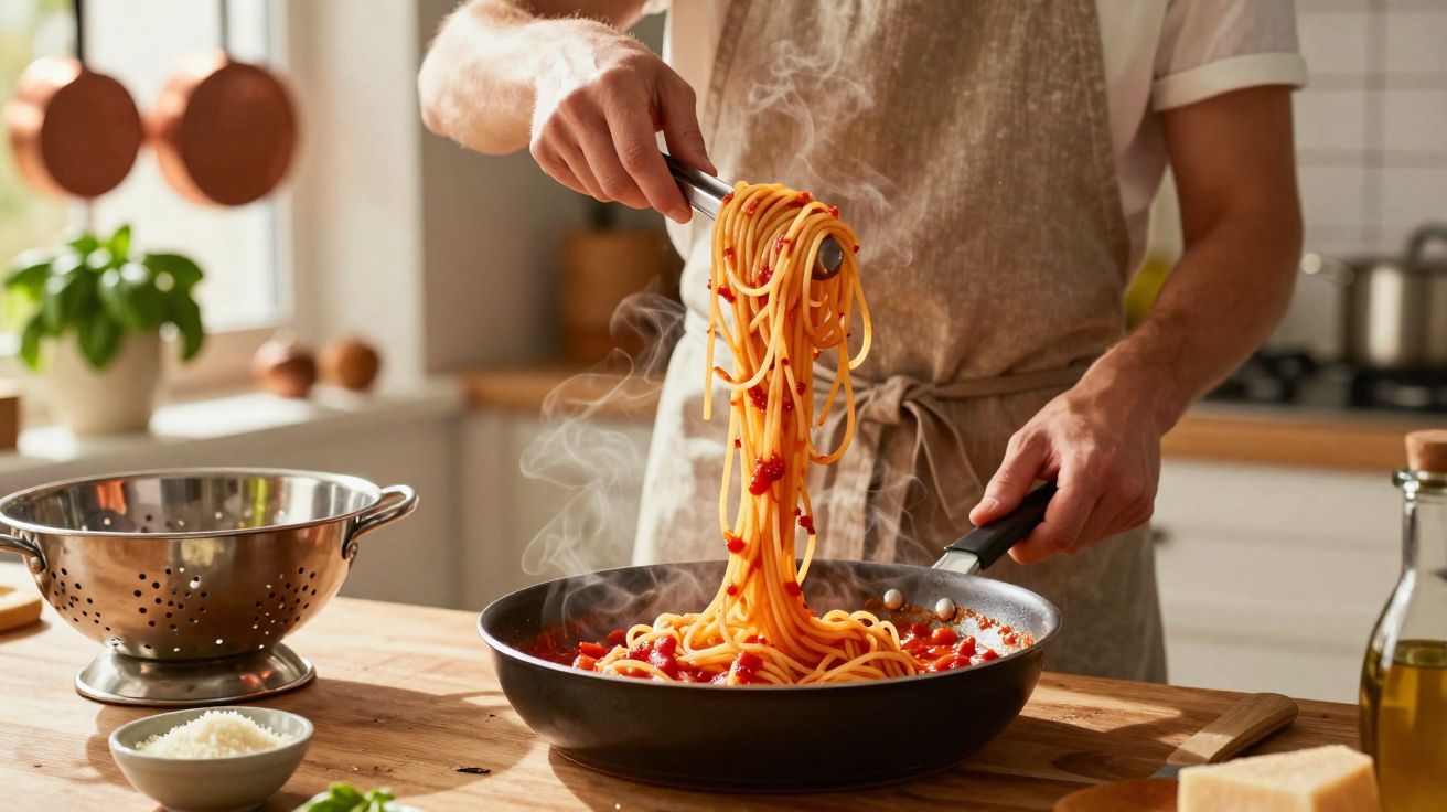 Pessoa a cozinhar spaghetti com molho de tomate numa frigideira numa cozinha luminosa.