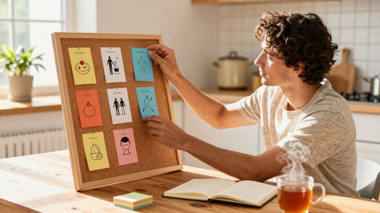 Homem sentado à mesa a colocar cartões coloridos numa placa de cortiça, com caneca de chá e caderno aberto.