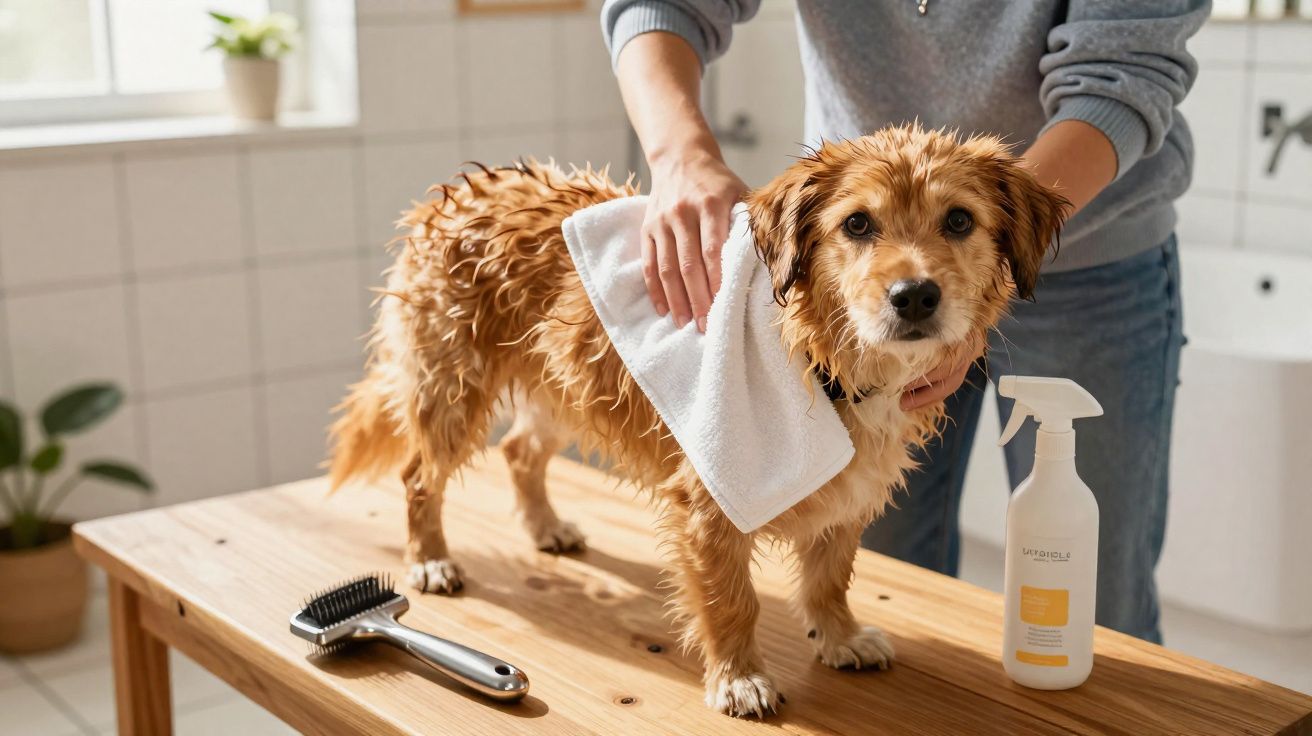 Cão molhado a ser seco com toalha numa mesa de madeira, com escova e spray ao lado.