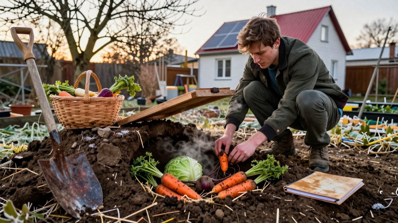 Homem colhe cenouras e repolho num jardim, rodeado de terra, cesto de vegetais e pá metálica.