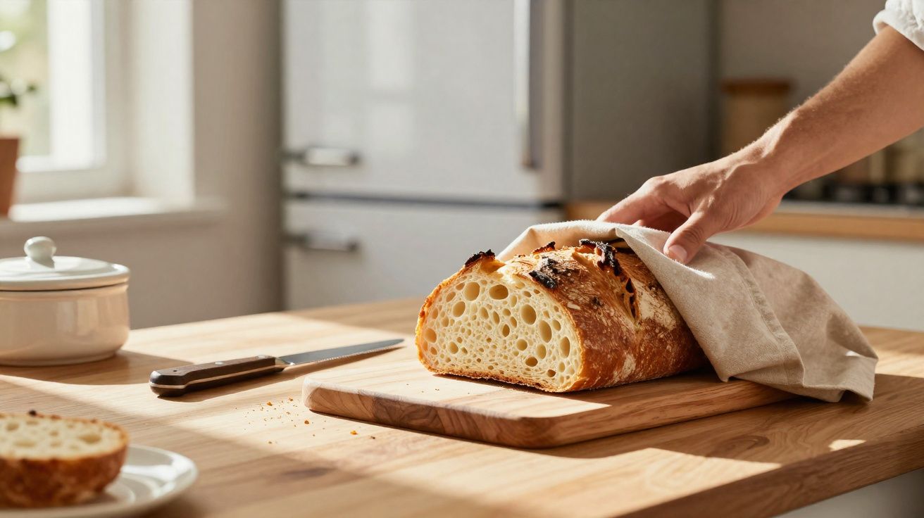Pão artesanal com crosta dourada sobre tábua de madeira, parcialmente coberto por pano numa cozinha iluminada.