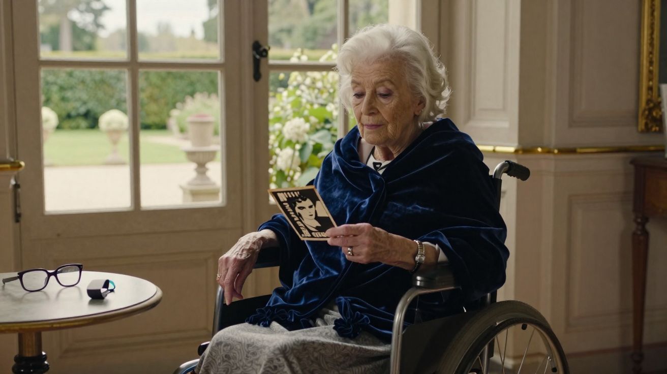 Idosa em cadeira de rodas contempla fotografia antiga numa sala com grande janela e vista para jardim.