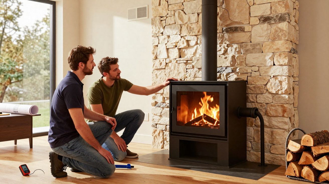 Dois homens junto a uma salamandra a lenha acesa numa sala com parede de pedra e madeira empilhada.