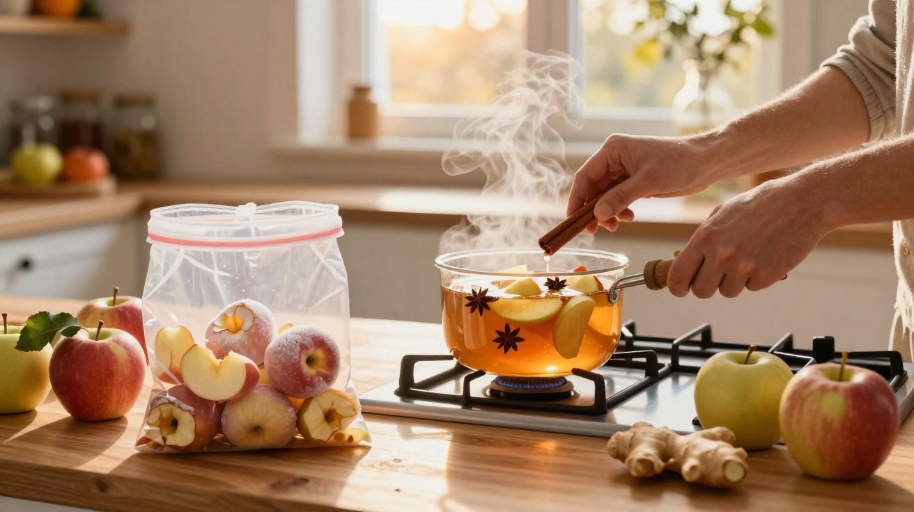 Panela com infusão de maçã e especiarias a vapor, mãos a colocar pau de canela, maçãs e gengibre sobre bancada.