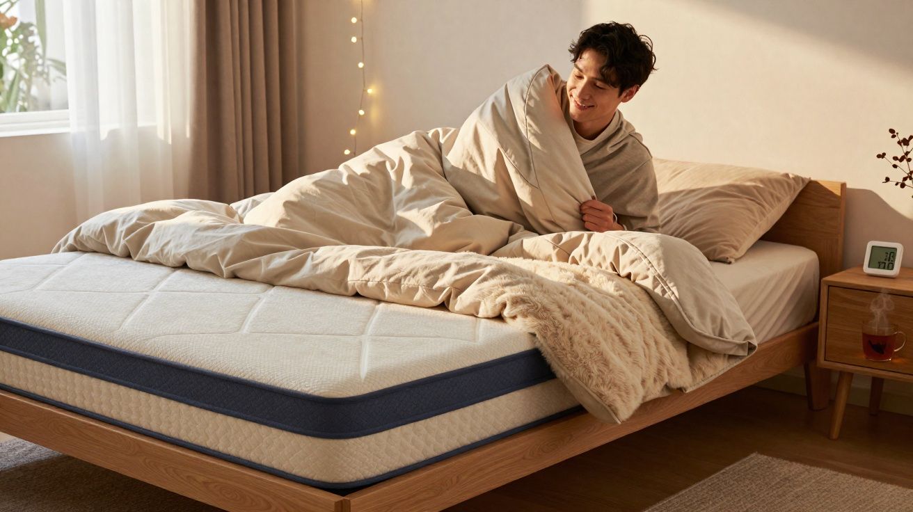 Homem acorda sorrindo na cama com cobertor bege em quarto iluminado e decorado com luzes ténues.