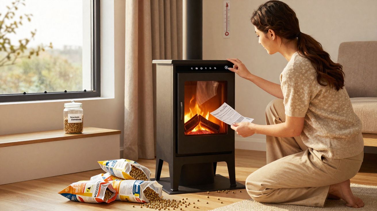 Mulher a acender uma lareira preta numa sala com saco de alimento para animais no chão.