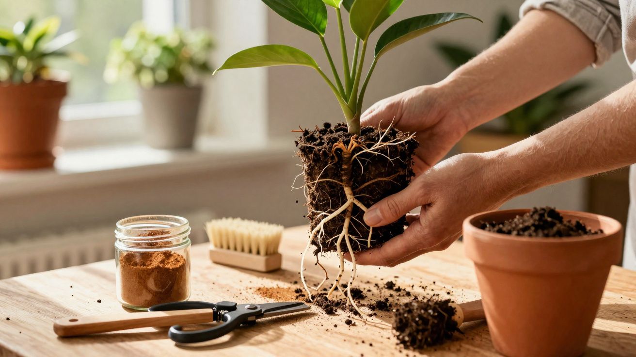 Mãos a transplantar uma planta com raízes visíveis para um vaso, com ferramentas de jardinagem numa mesa de madeira.