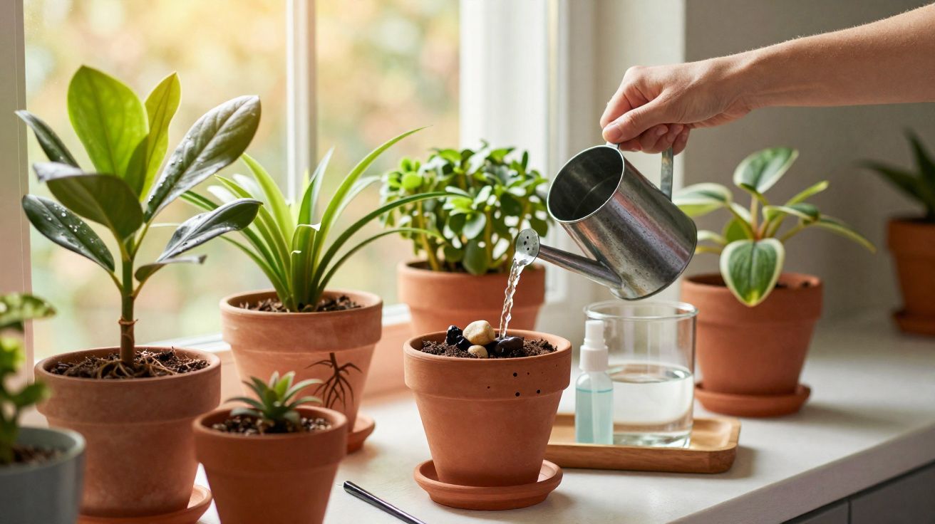 Mão a regar planta em vaso de barro numa janela com várias plantas em vasos semelhantes.