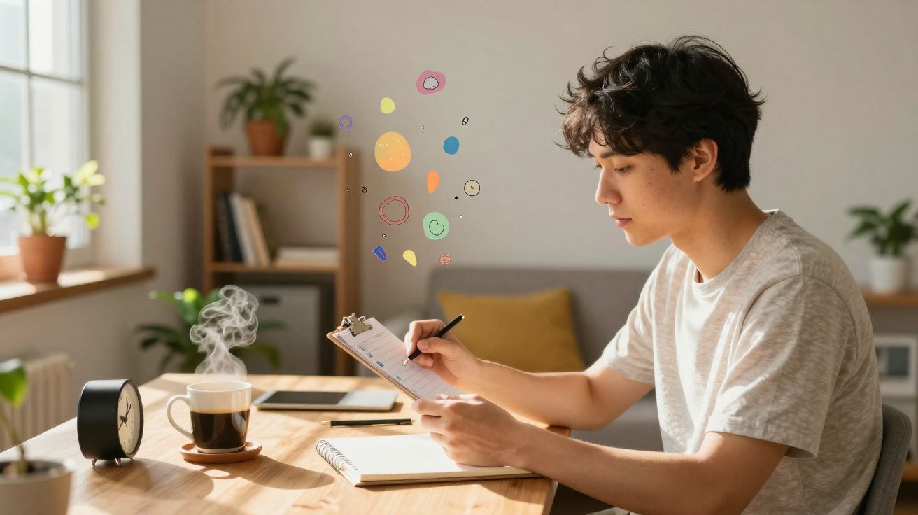 Jovem sentado à mesa, a escrever num bloco com caneta, com chá quente e relógio à frente.