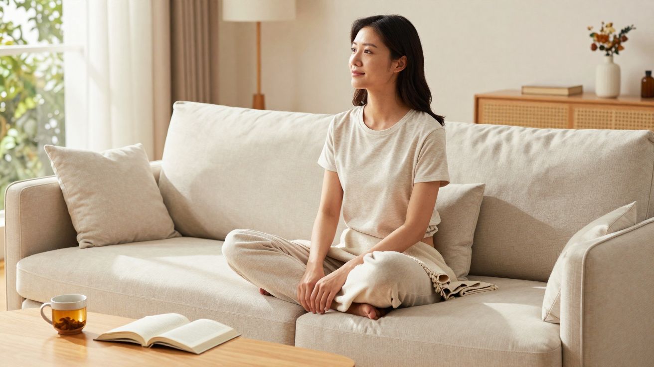 Mulher sentada relaxada no sofá iluminado pela luz natural ao lado de livro aberto e chá.